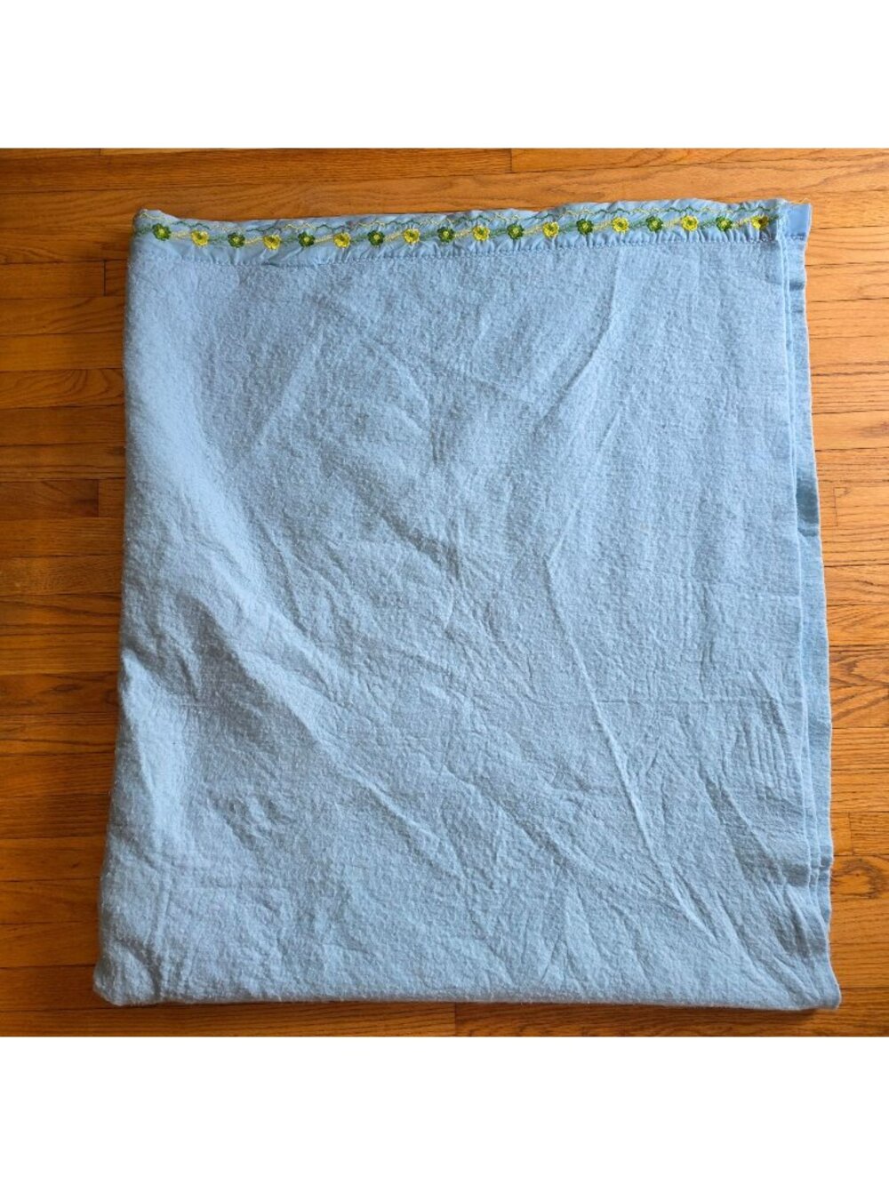 Vintage Light Blue Blanket With Yellow & Green Floral Embroidered Trim Twin